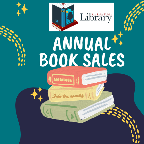 Post showing books with a teal background announcing our annual book sales. Dates to be announced later.