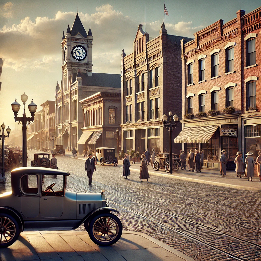 AI generated picture of a main street in a small town from the early 1900s.